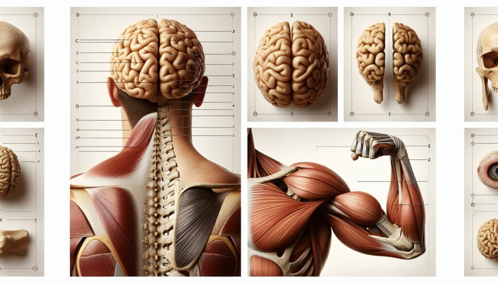 Illustration corp humain : cerveau, biceps, colonne vertébrale. Alt text: "Anatomie b, cerveau, biceps, colonne vertébrale"