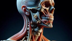 Illustration réaliste de l'anatomie humaine, mettant en avant la mâchoire et les articulations, dans un cadre serein.