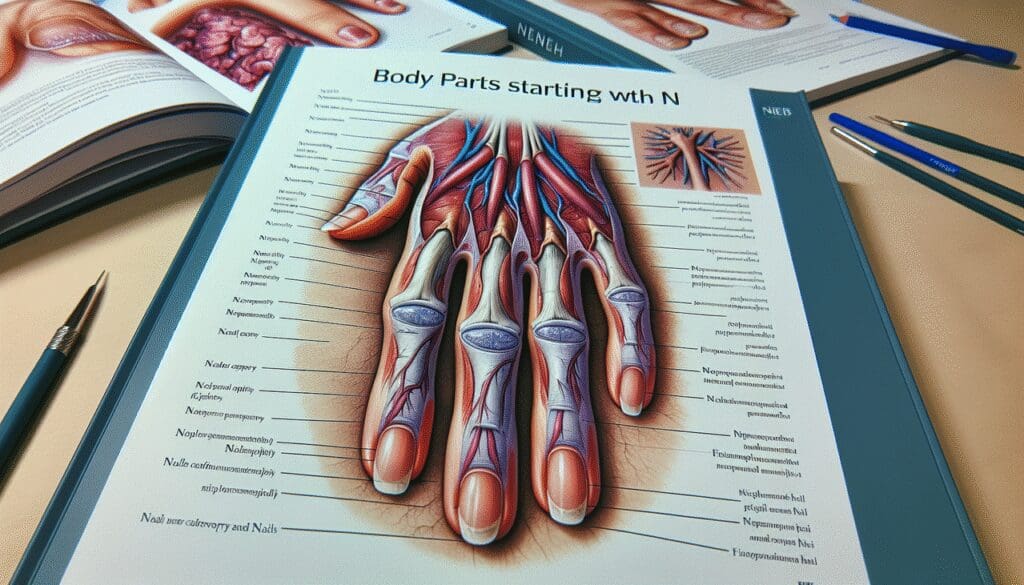 Illustration médicale détaillée avec "Partie du corp en N" en tête, nasal cavity et nails en bas.