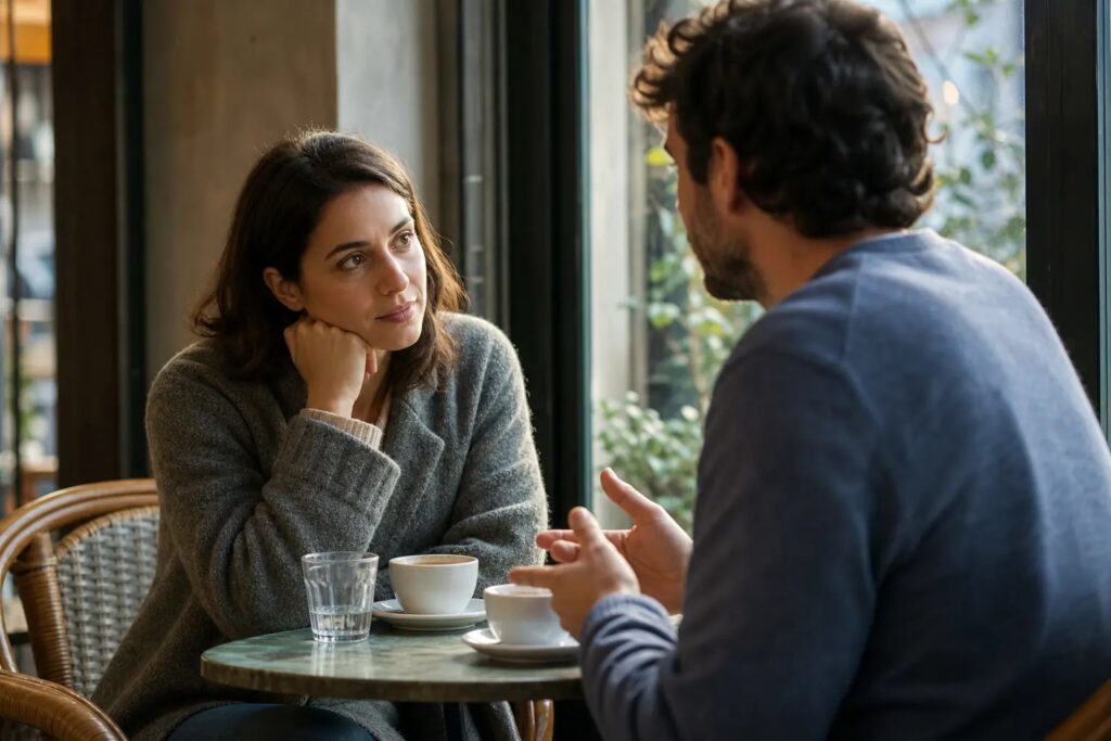 Couple complice qui se regarde avec tendresse pour illustrer les signes de l'amour