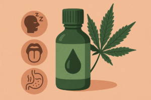 Flacon d'huile de CBD avec compte-gouttes, illustration des risques liés à la consommation de cannabidiol